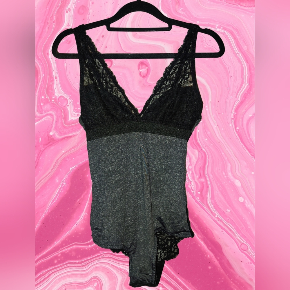 Nicole Miller Black and Gray Lace Bodysuit Size Small